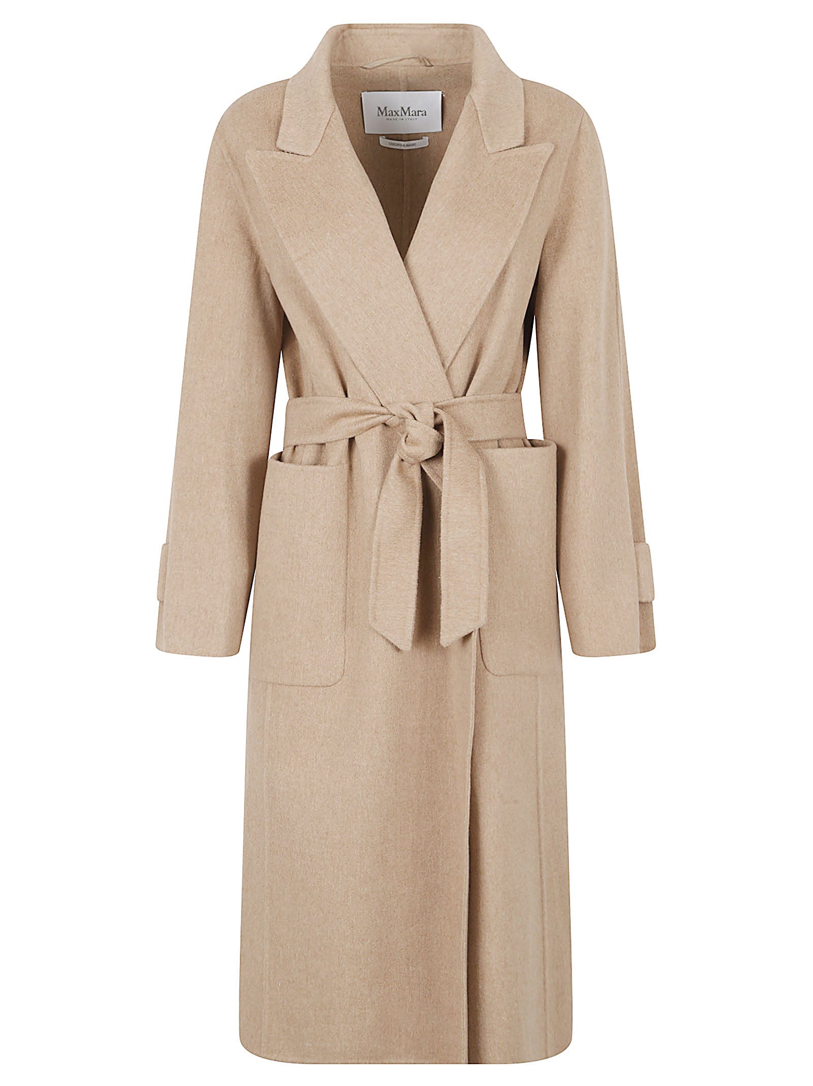 Camel-Finish Long Coat With Wide Lapel