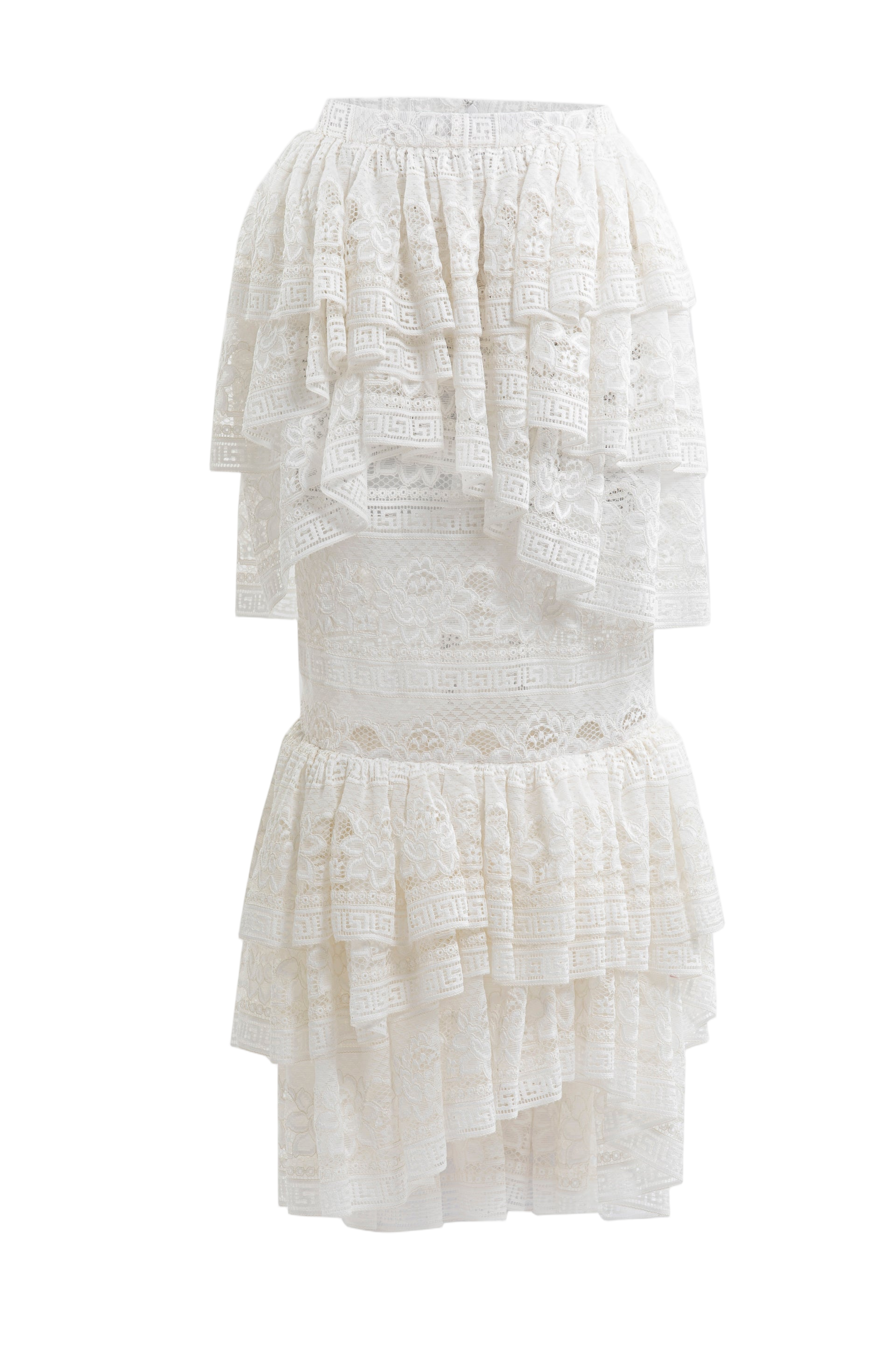 Off-White Lace Top with Ruffled Midi Skirt