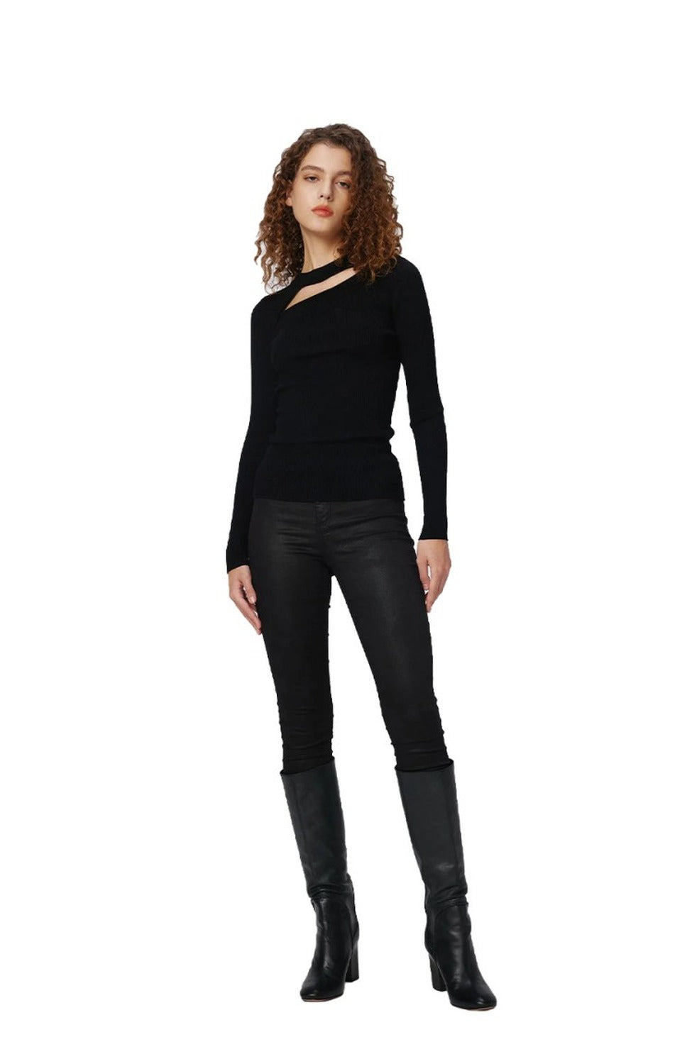 Asymmetrical Cutout Black Top With Ribbed Texture