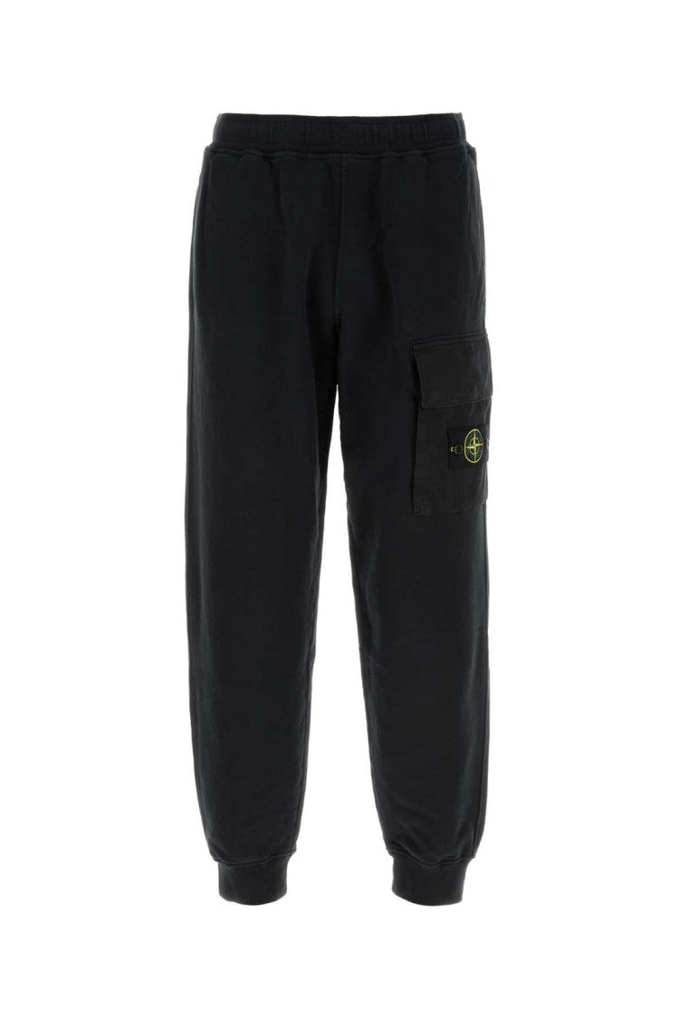 Relaxed Fit Black Tapered Cargo Pants with Ribbed Cuffs and Emblem Patch