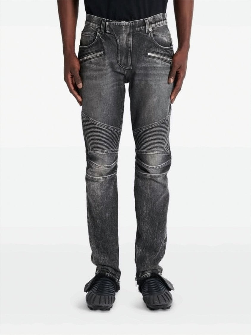 Slim Fit Distressed Denim Pants with Ribbed Detailing