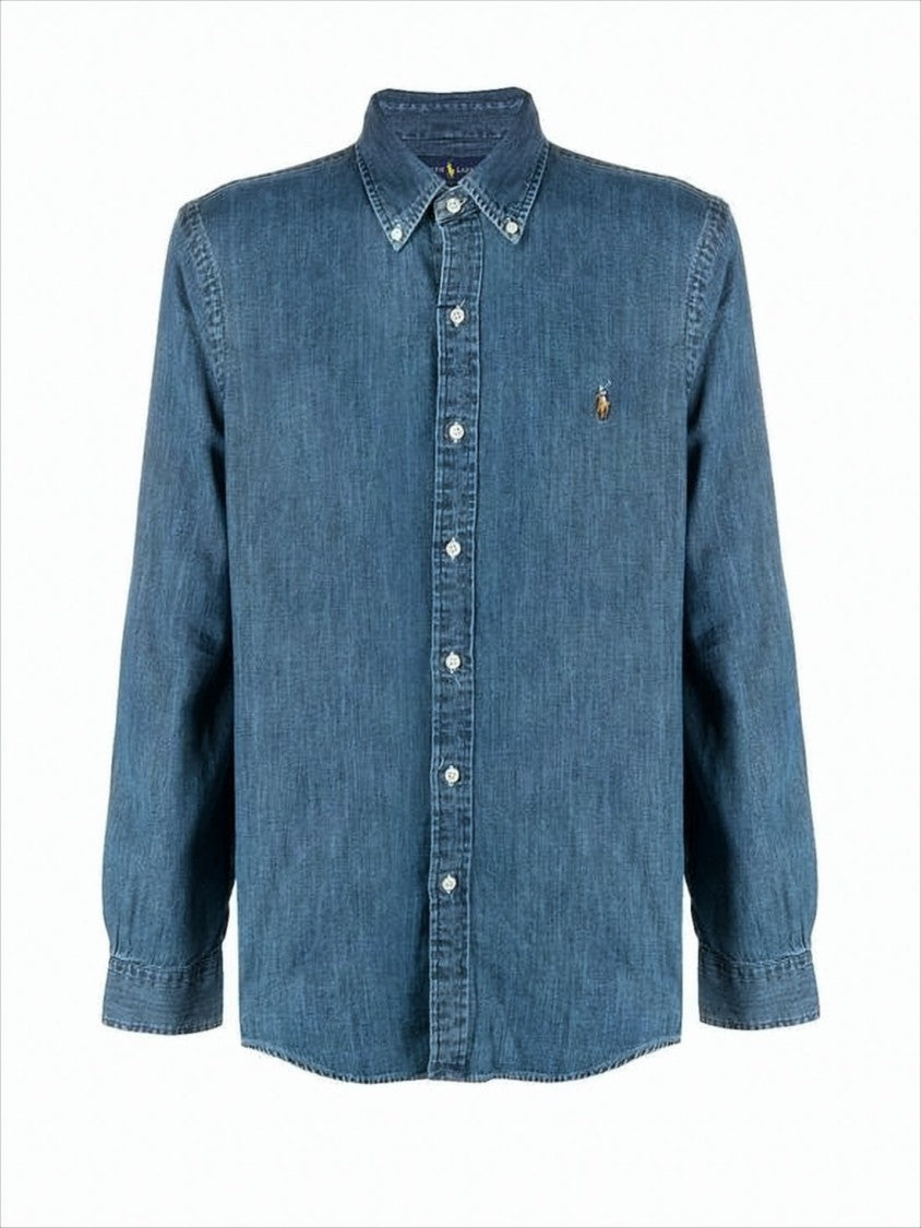 Denim Shirt with Button-Down Collar and Embroidered Logo
