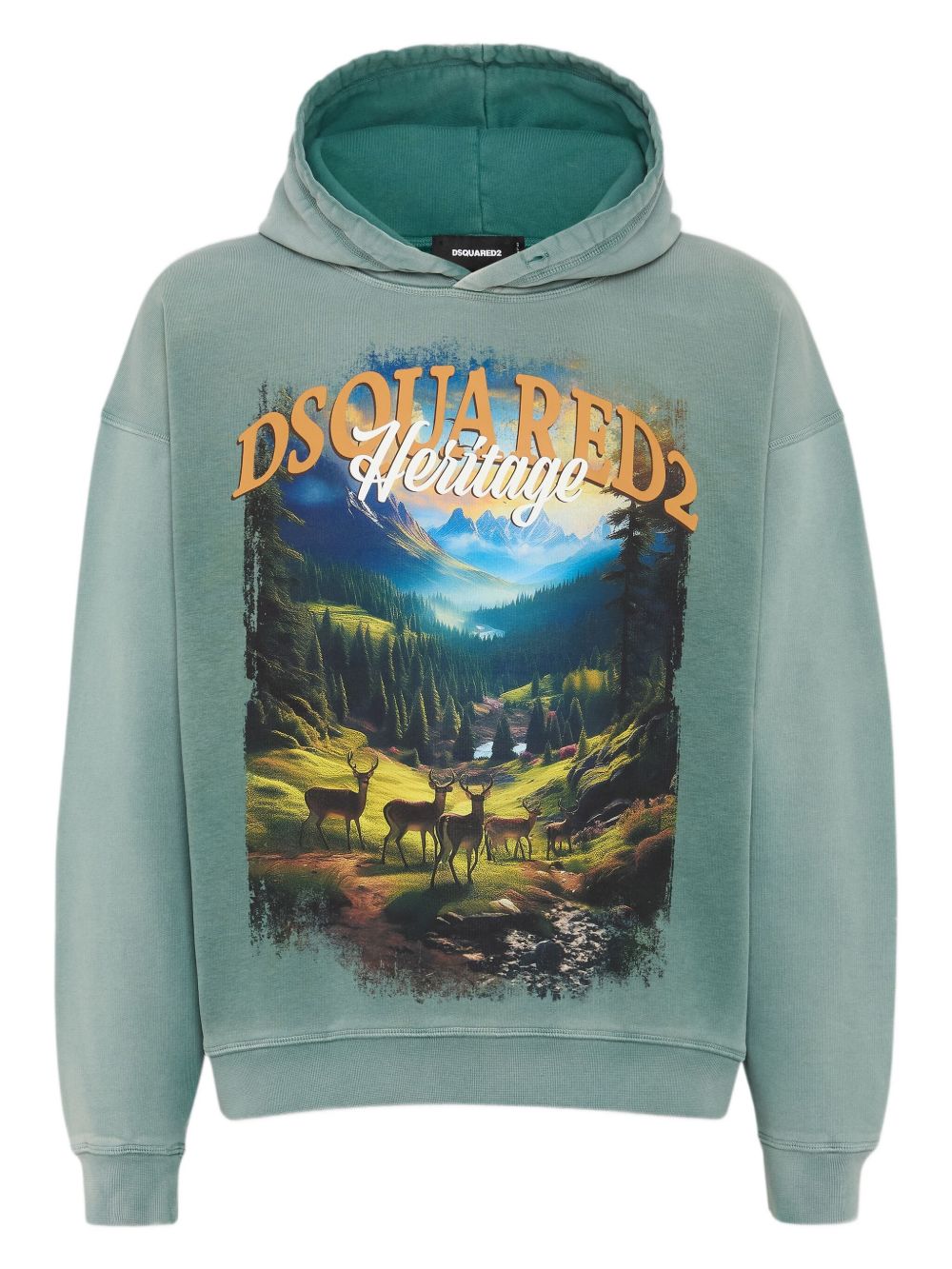 Illustration-Style Print Hooded Sweater in Muted Aqua Green
