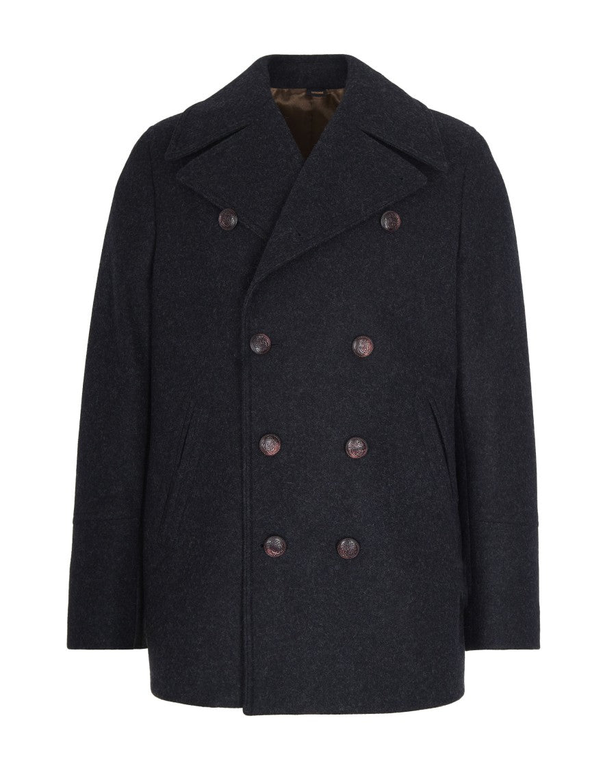 Double-Breasted Black Wool Blend Coat With Large Notch Lapel