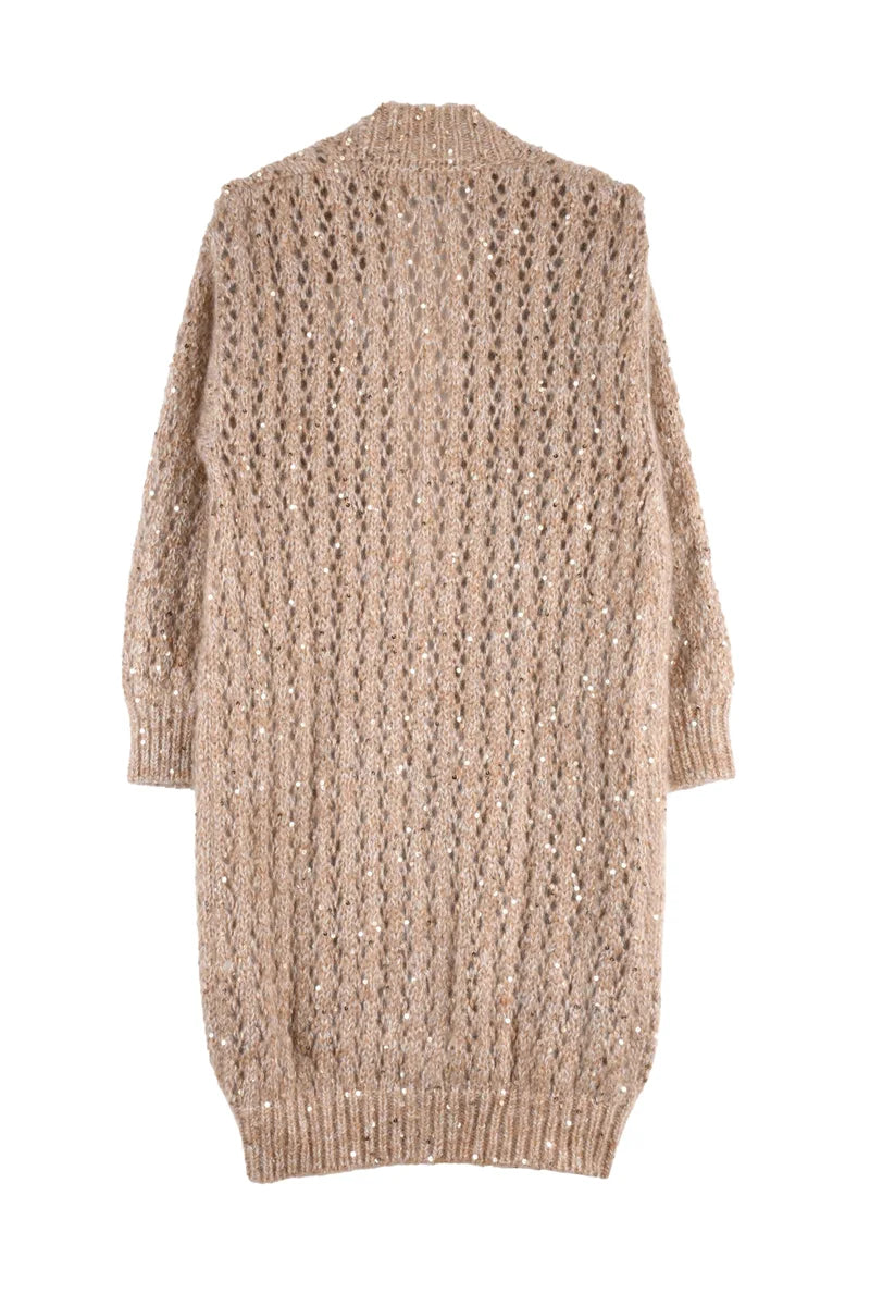 Women's Long Lamé Cardigan - Beige/White