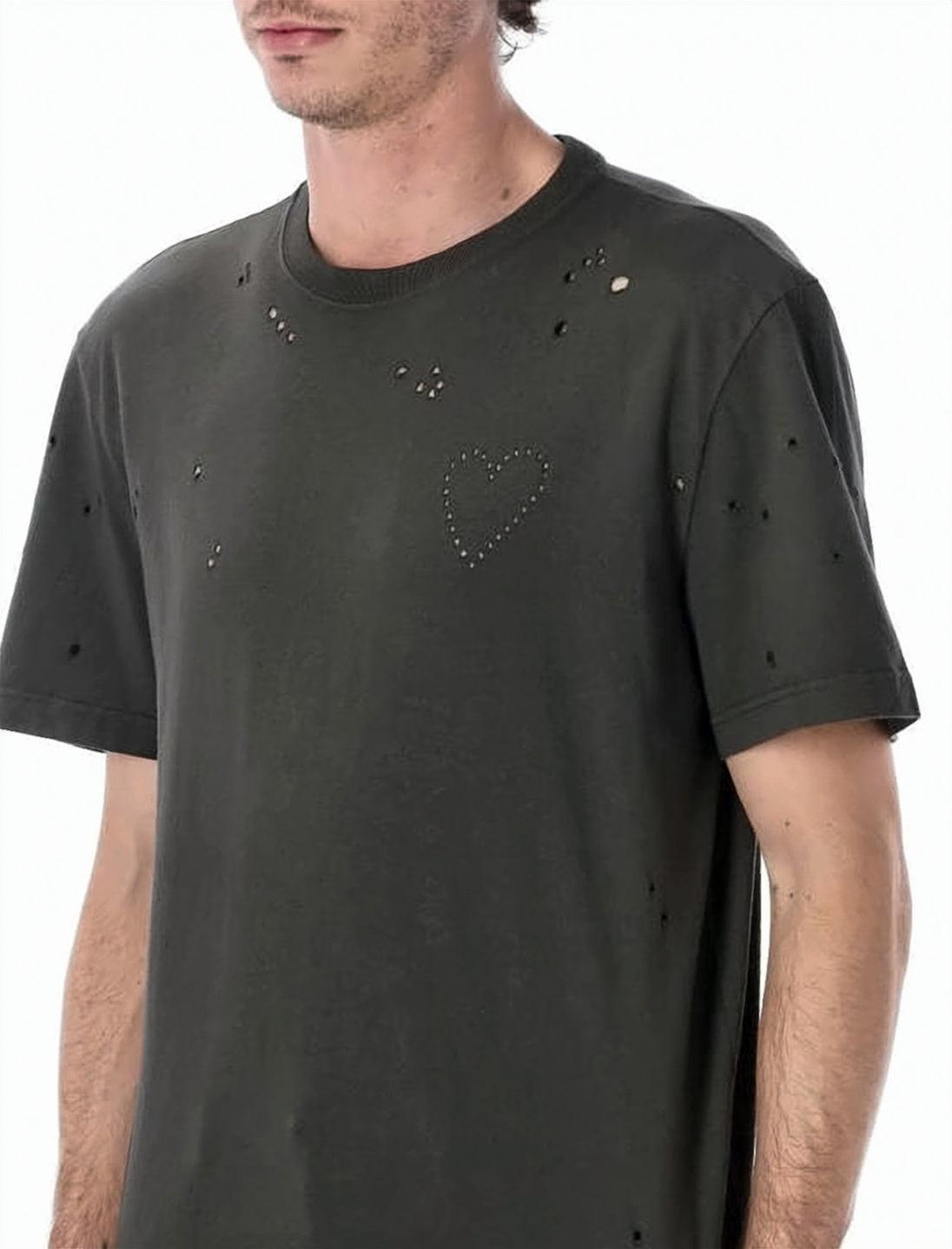 Distressed Black Short-Sleeve T-Shirt With Heart Detail