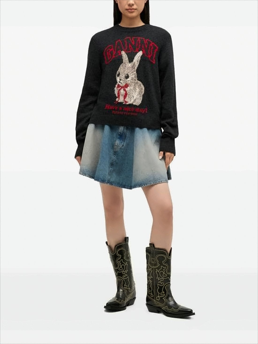 Knitted Bunny Design Sweater with Classic Crew Neckline