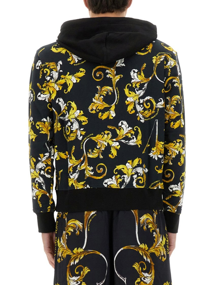 Floral Patterned Hoodie With Contrasting Black Accents