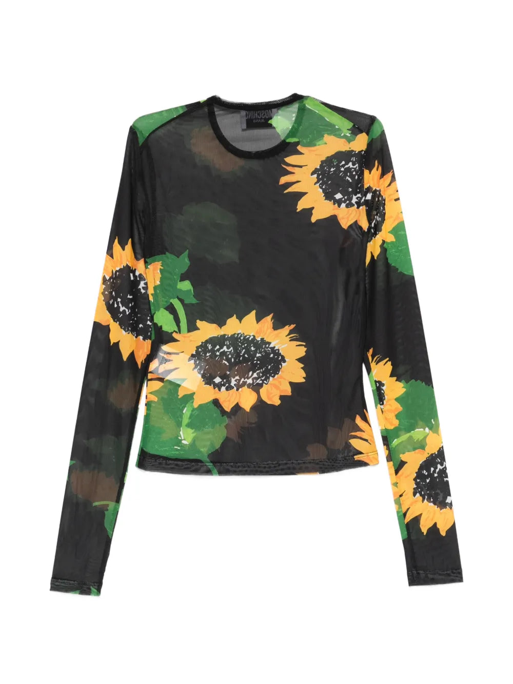 Sheer Black Long-Sleeve Top with Sunflower Print