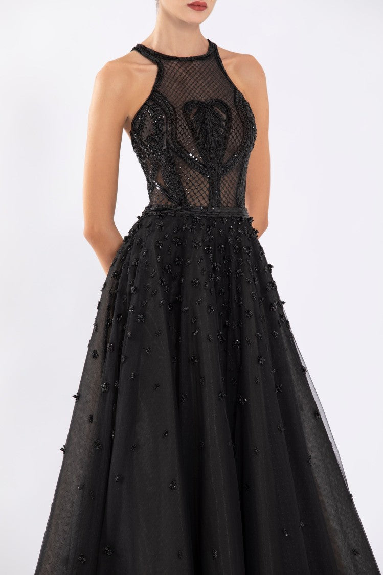 Tulle Beaded Dress With Halter Neckline