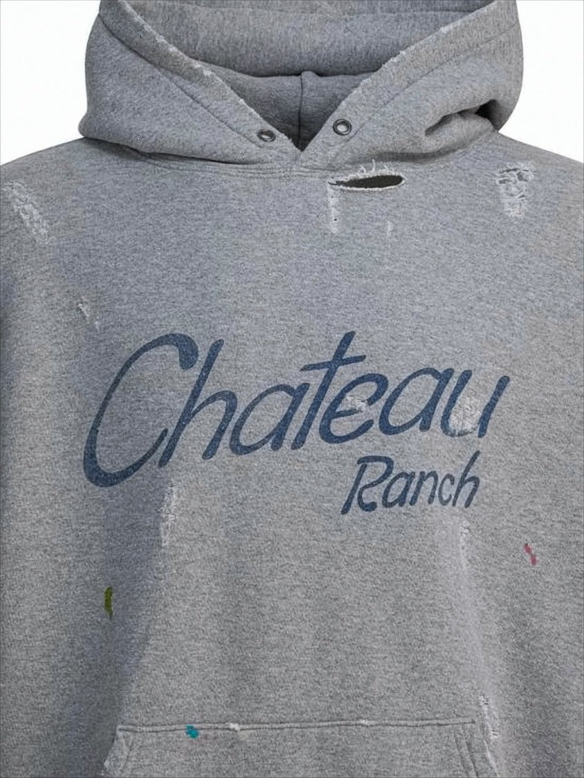Heather Grey Distressed Hoodie With Graphic Detailing