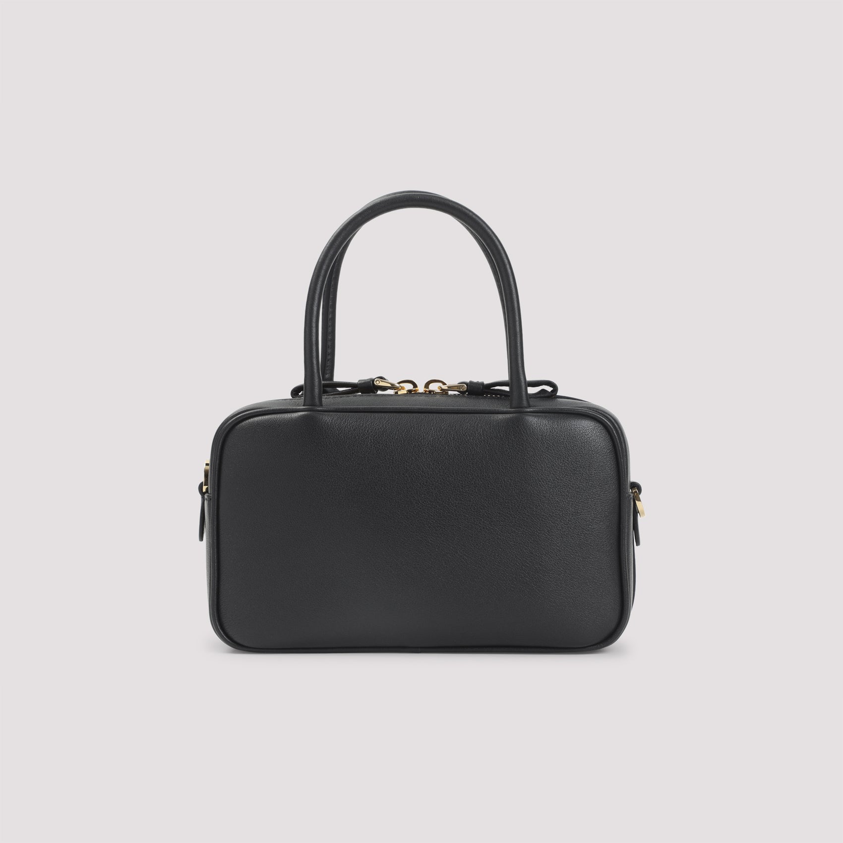 Compact Black Calf Leather Handbag with Gold Accents