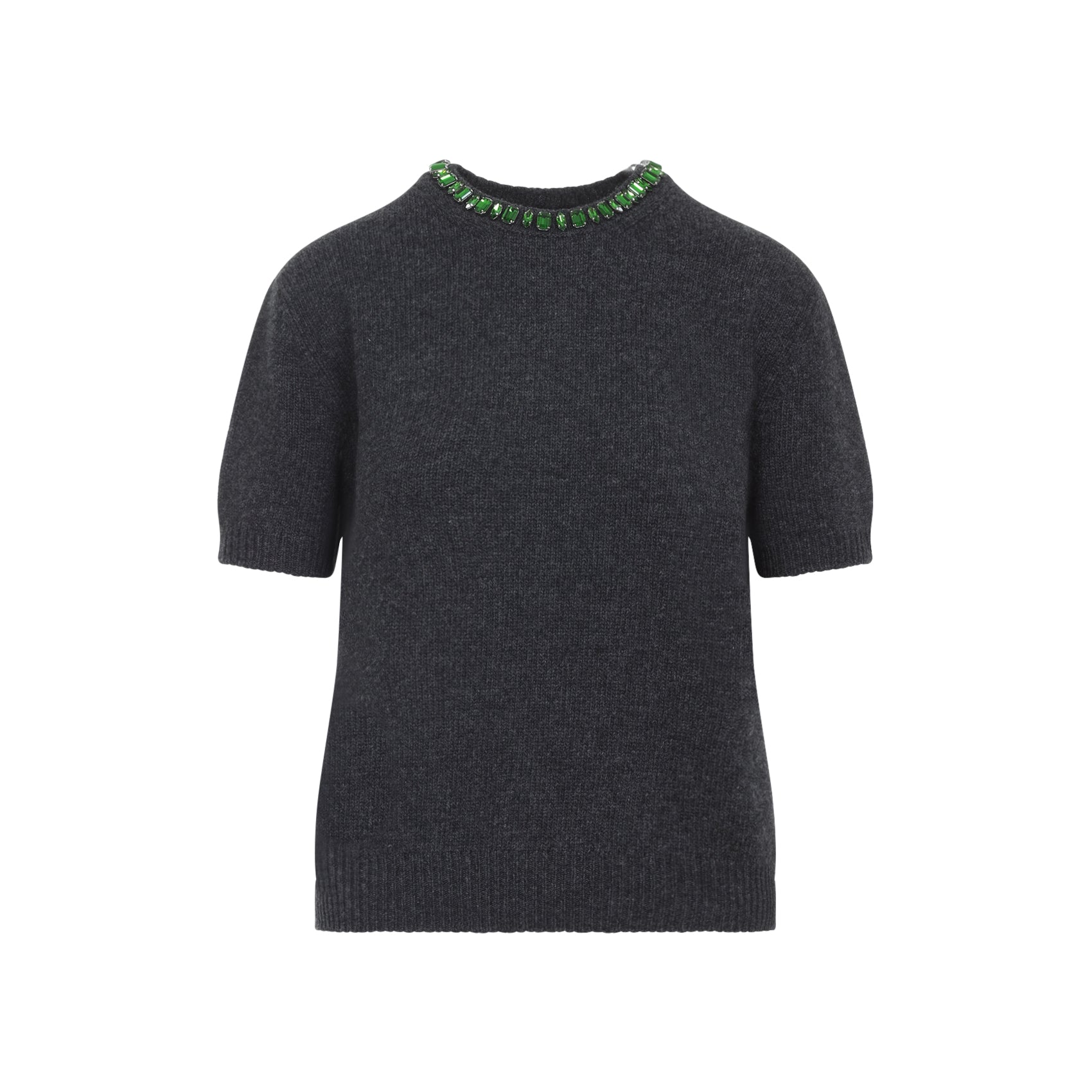 Short-Sleeved Cashmere-Wool Blend Sweater With Jewel Embellishments