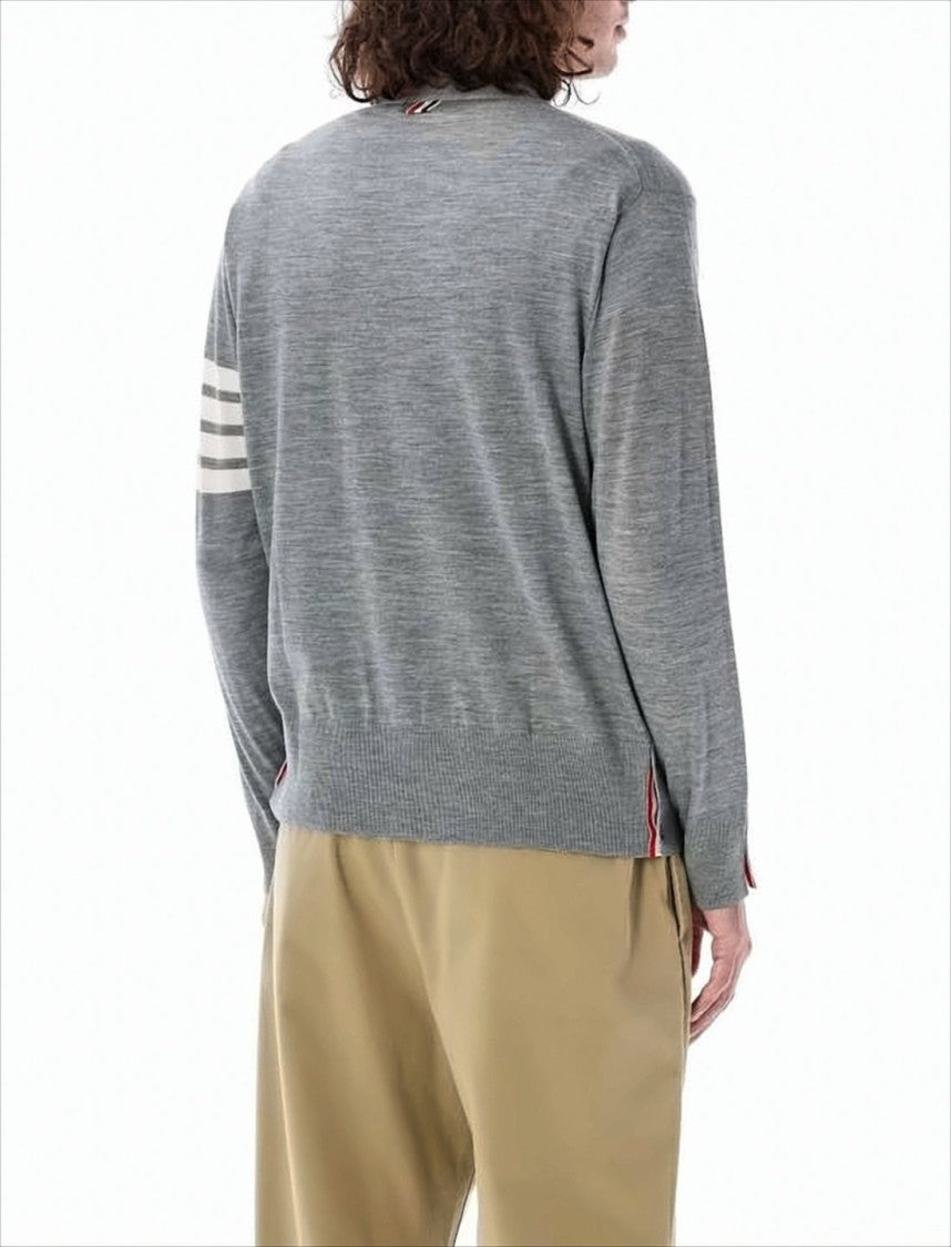Medium Grey Wool Cardigan with Distinctive Stripe Detail
