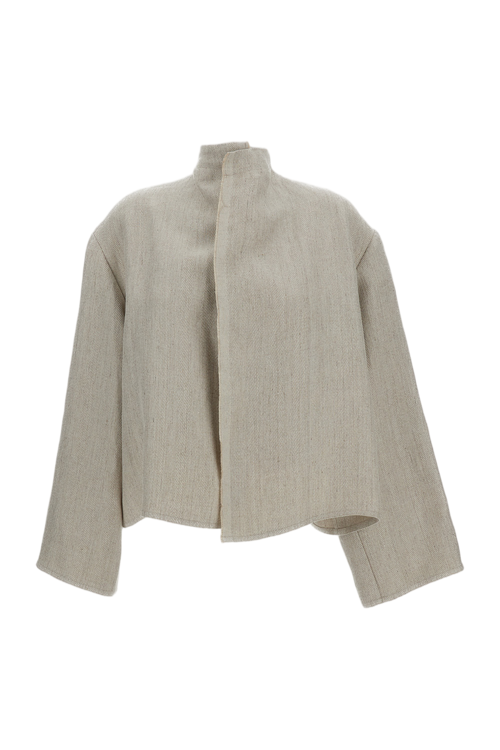 Beige Open-Front Linen Jacket with Fringed Trim