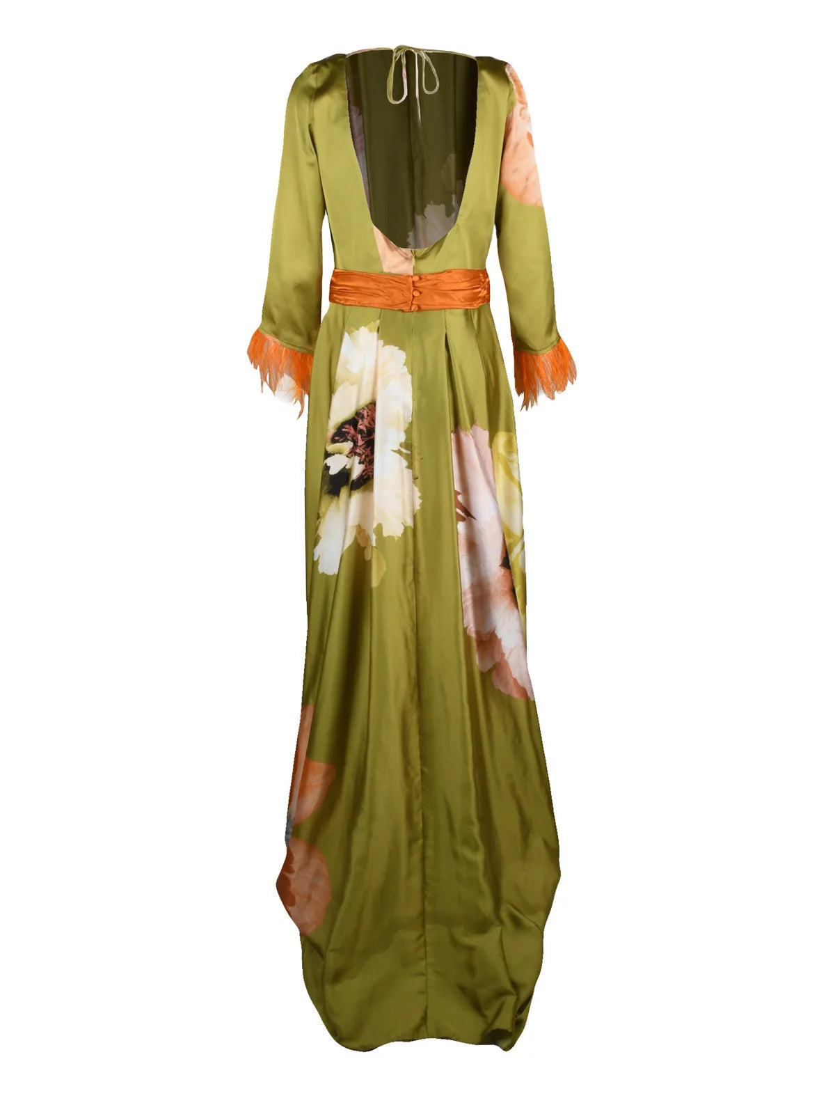 Olive Green Feathered Polyester Women Long Dress