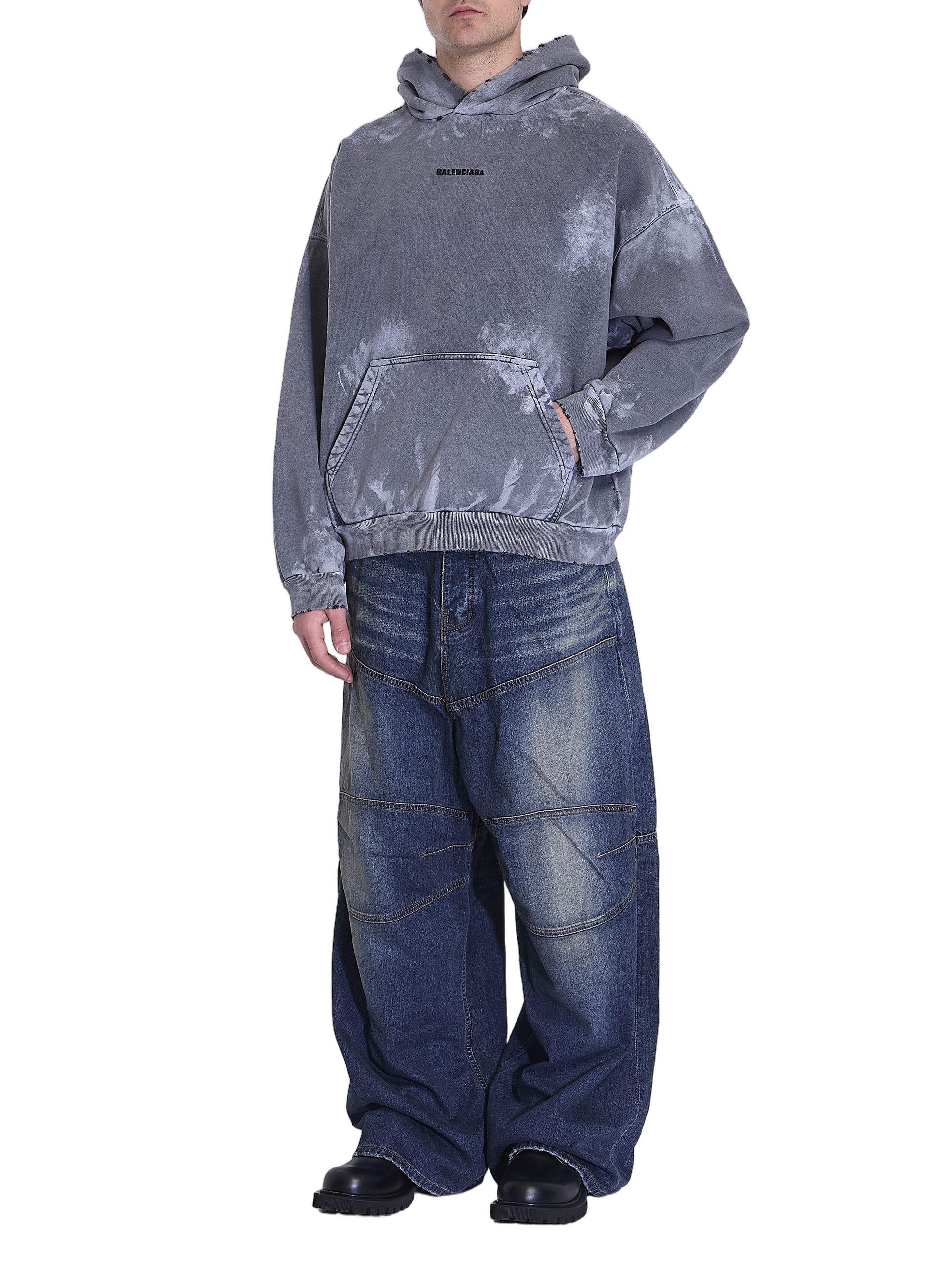 Washed Grey Oversized Hoodie with Tie-Dye Effect and Bold Logo