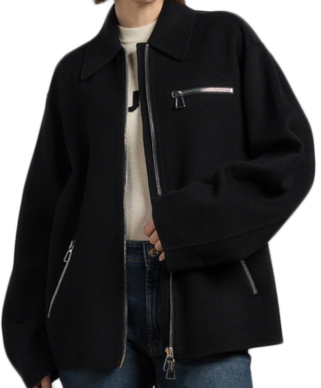 Minimalist Black Wool Jacket With Zip Pockets