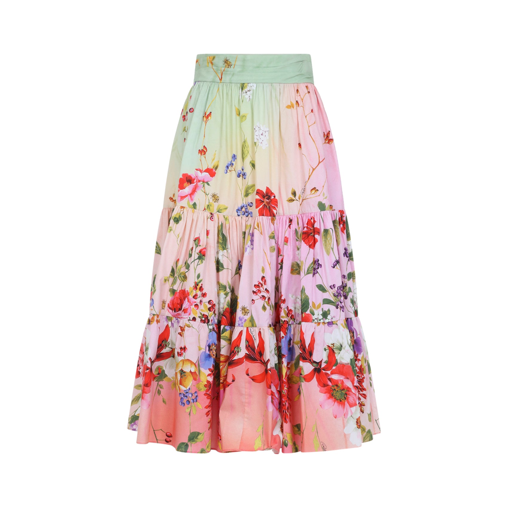 Pastel Gradient Floral Midi Skirt With Tiered Pleats