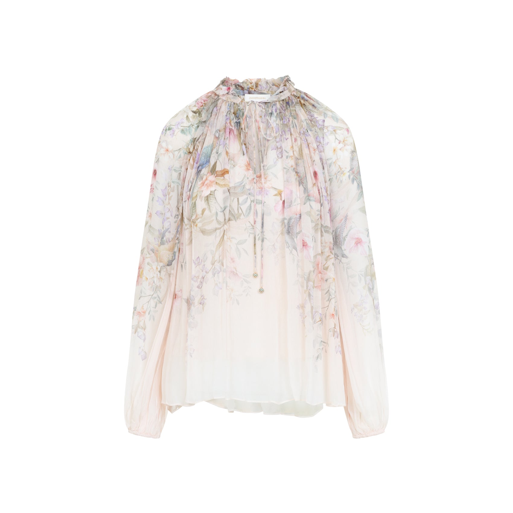 Sheer Floral Print Blouse With Ruffled Neckline