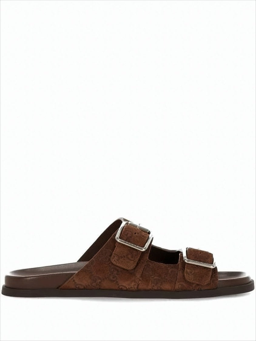 Brown Suede Sandals with Embossed Pattern