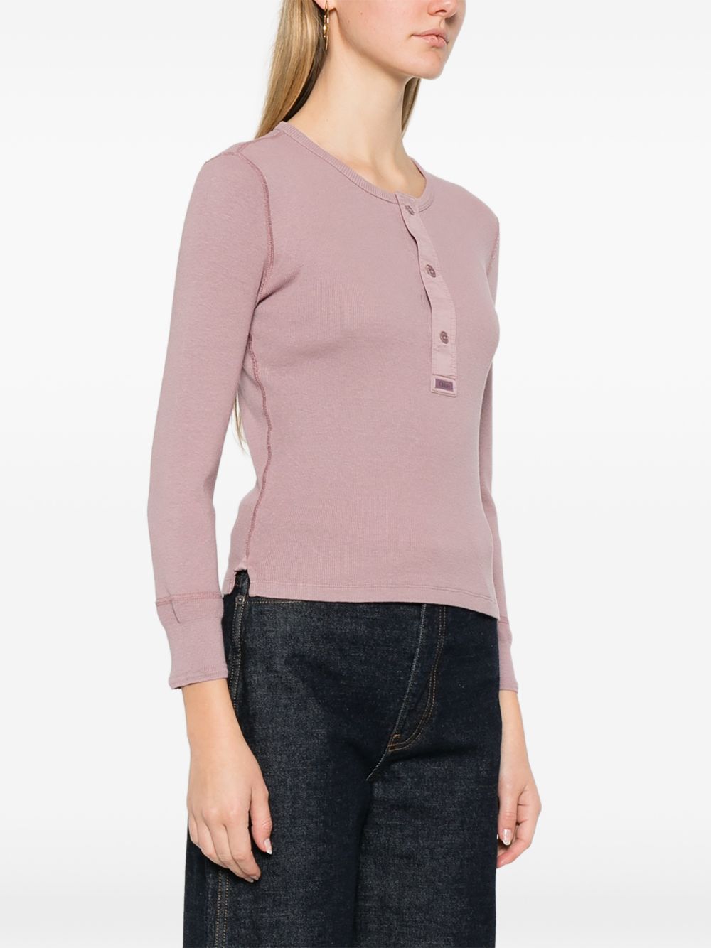 Soft Ribbed Long-Sleeve Top With Button Placket