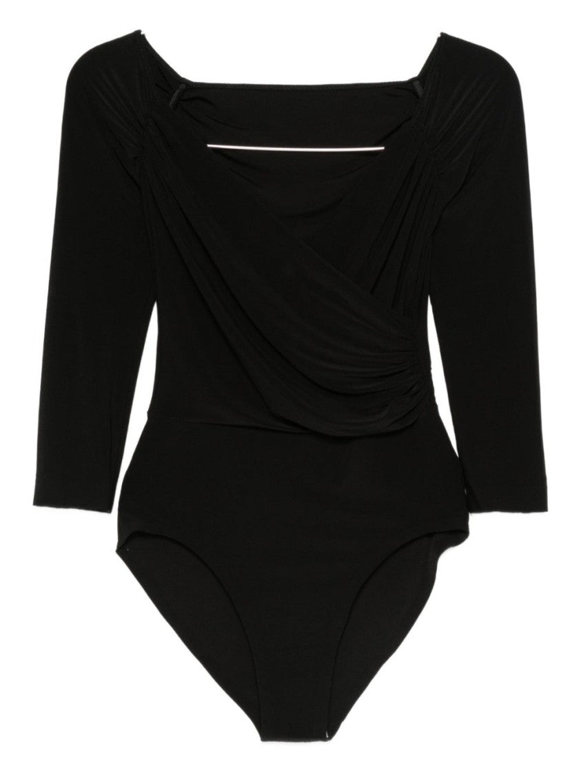 Draped Black Bodysuit Top with Deep V-Neckline