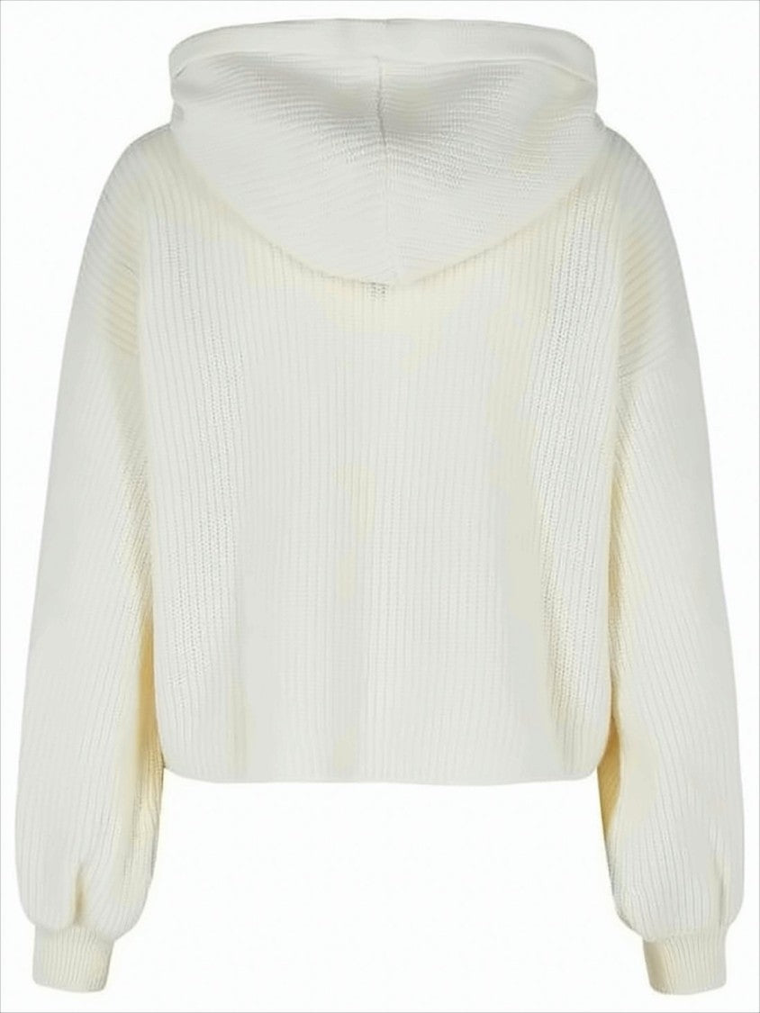 Cropped Knit Sweater with Hood and Balloon Sleeves