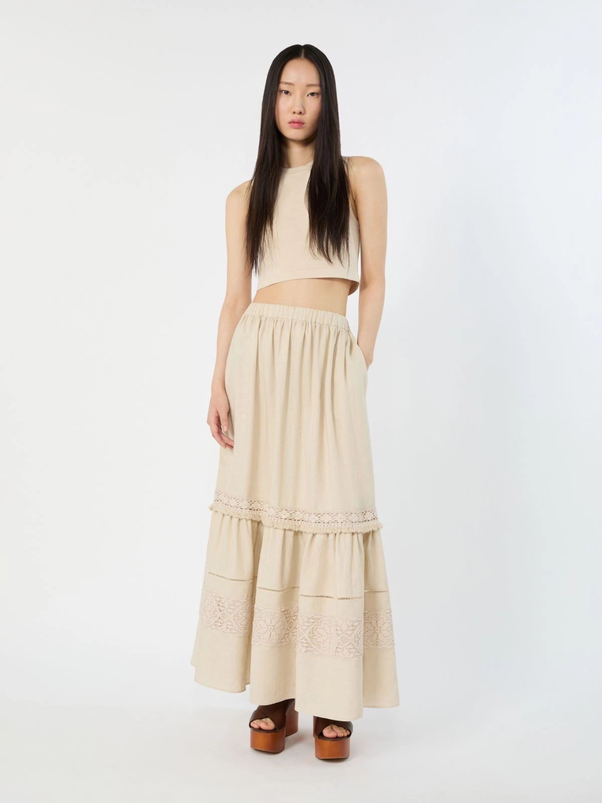 Tiered Midi Skirt with Lace Inserts