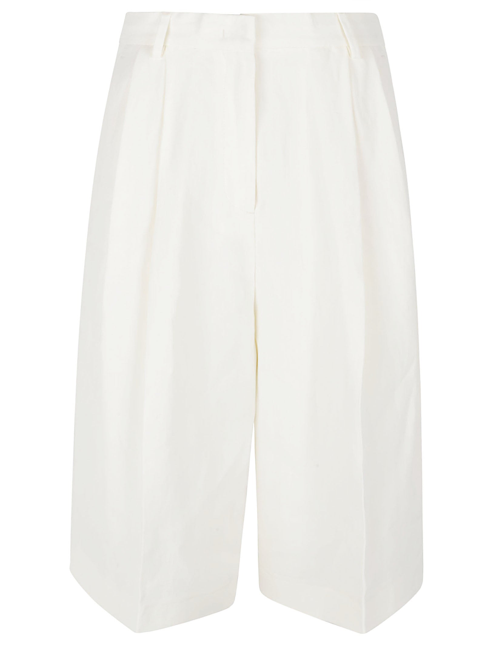 Pleated White Shorts With Concealed Closure