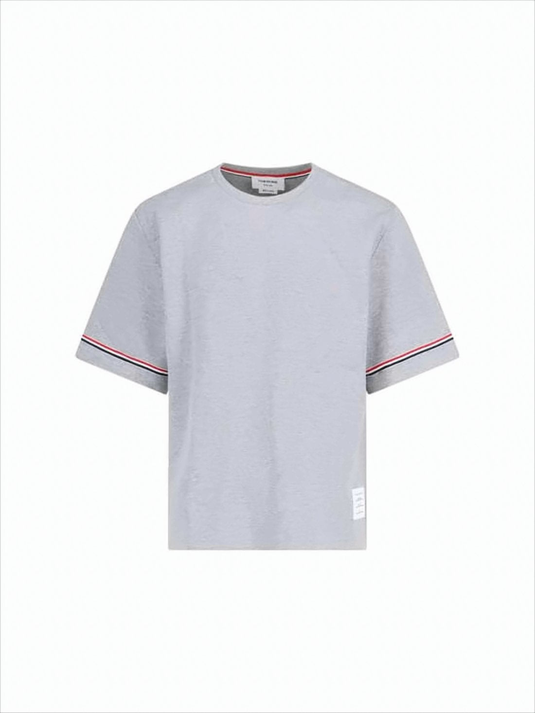 Short-Sleeved Light Grey Cotton T-Shirt with Striped Cuffs