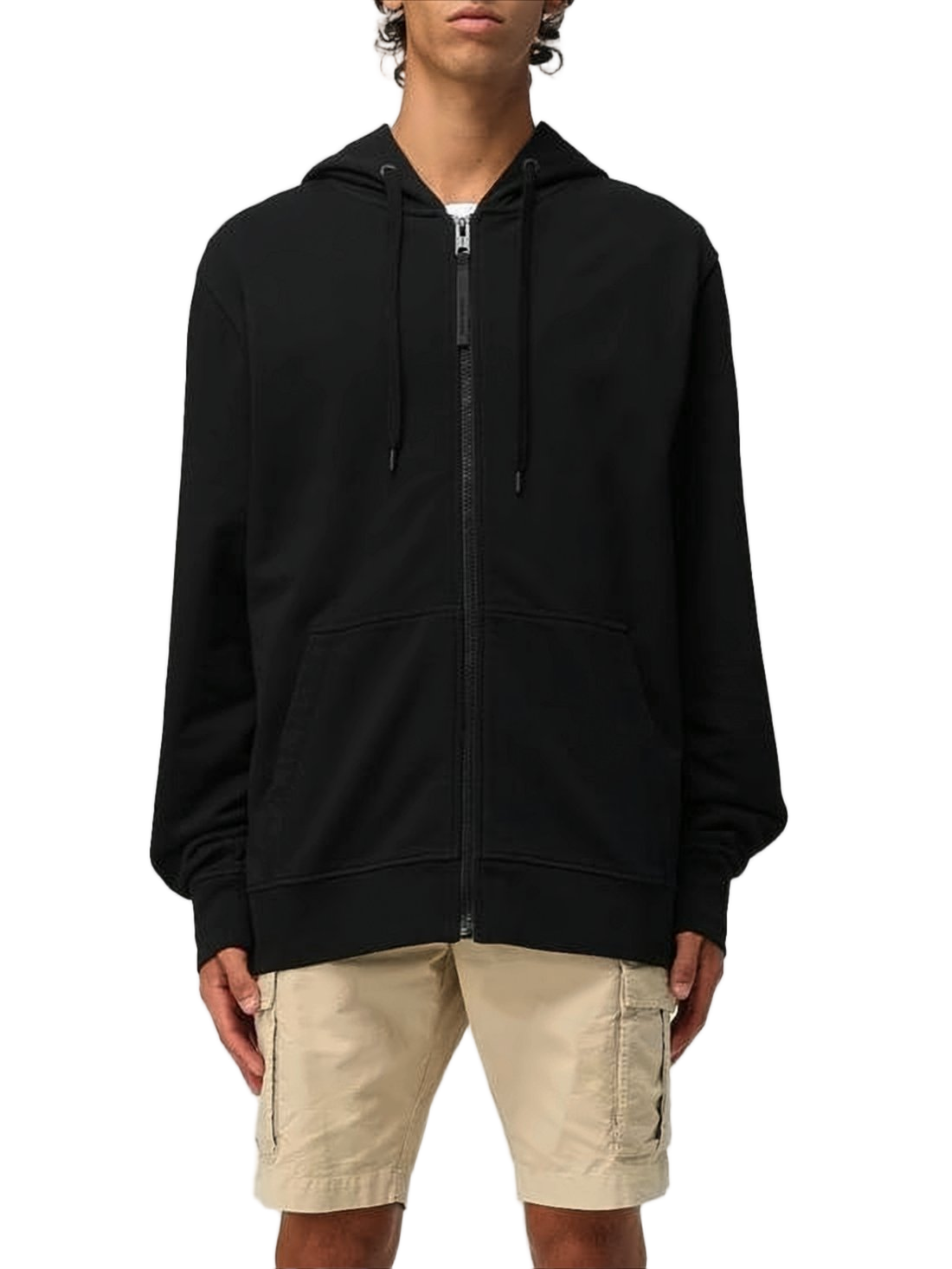 Black Zip-Up Hoodie with Circular Logo Patch
