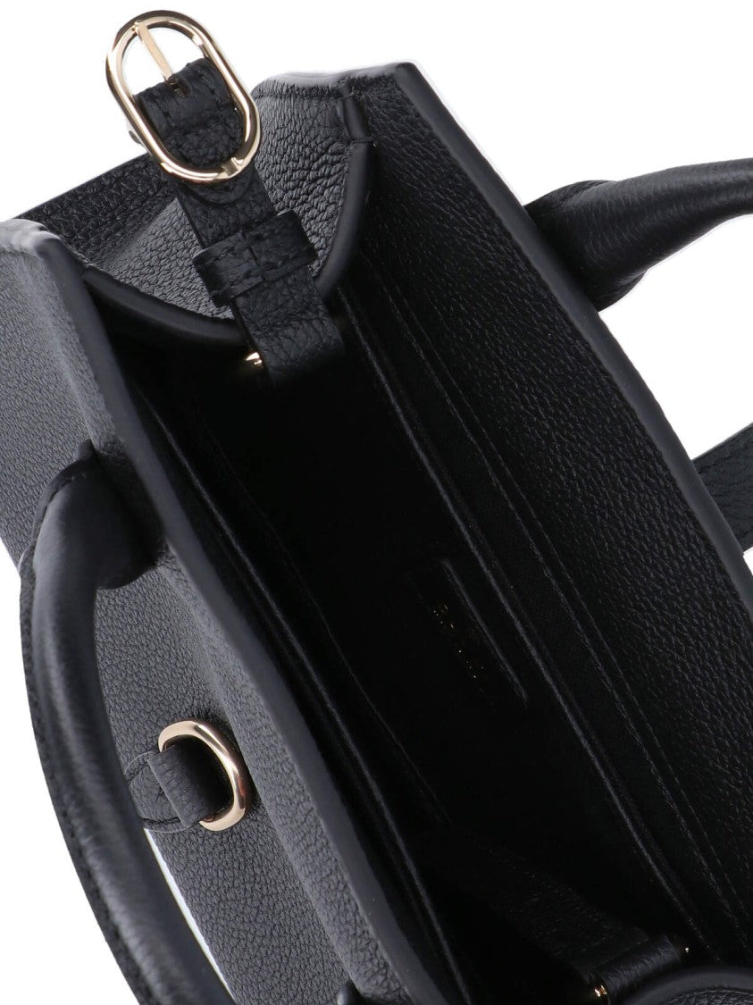 Textured Black Leather Small Tote Bag With Rigid Top Handles