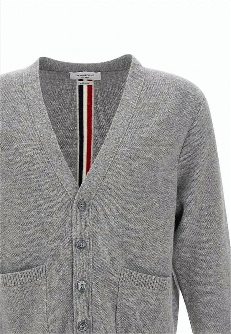 V-Neck Grey Wool Cardigan with Distinctive Stripe Detail
