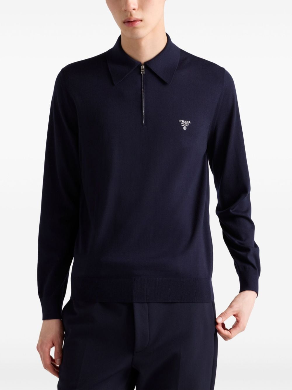 Fine Knit Wool Polo Shirt with Zip Fastening