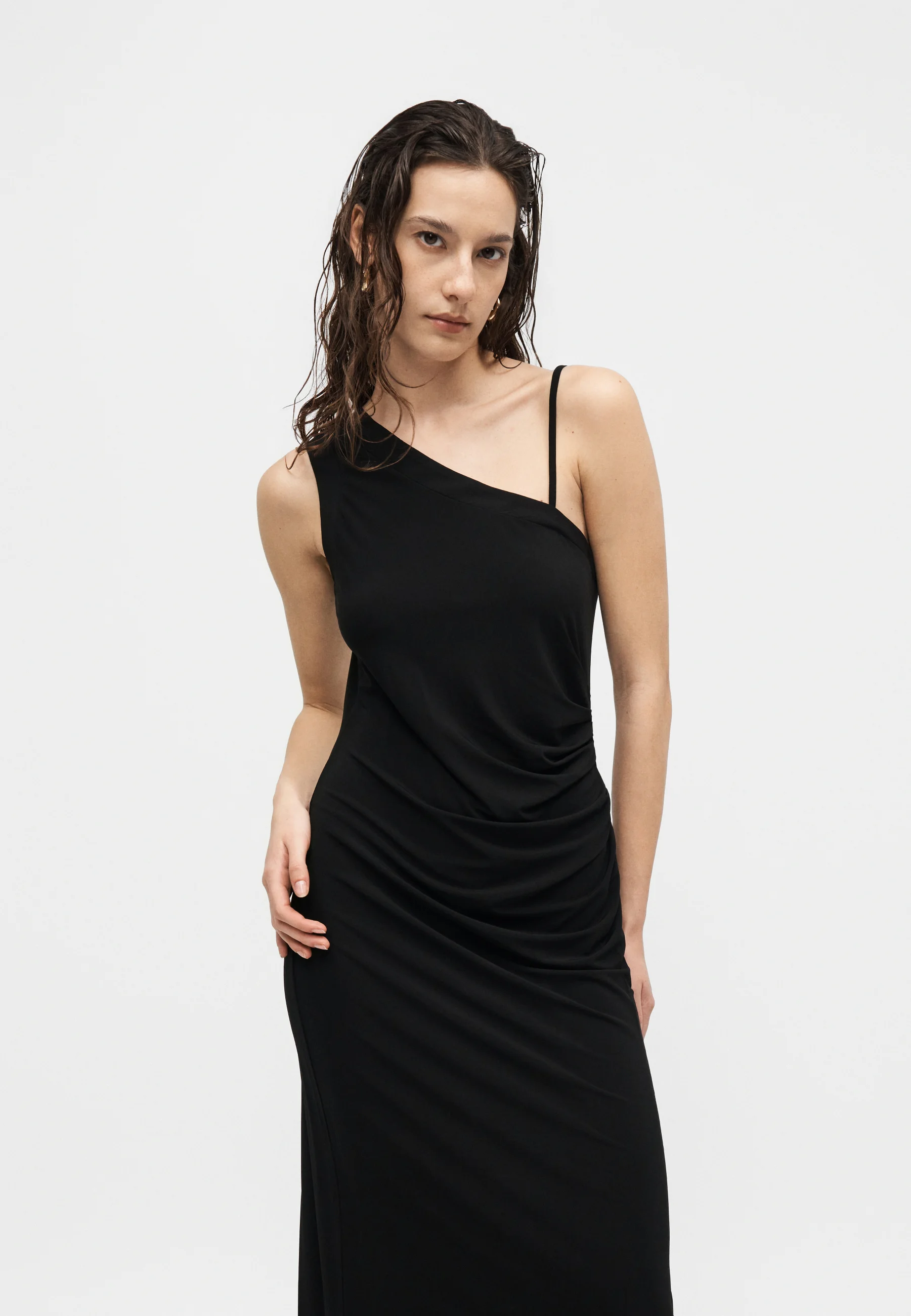 Asymmetrical One-Shoulder Midi Dress with Ruching
