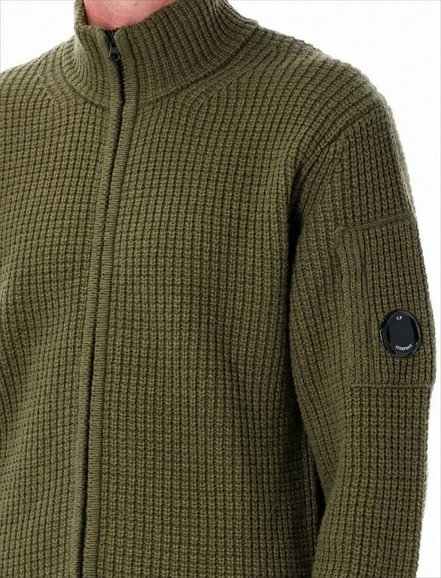 Textured Green Zip-Up Knitwear With High Collar