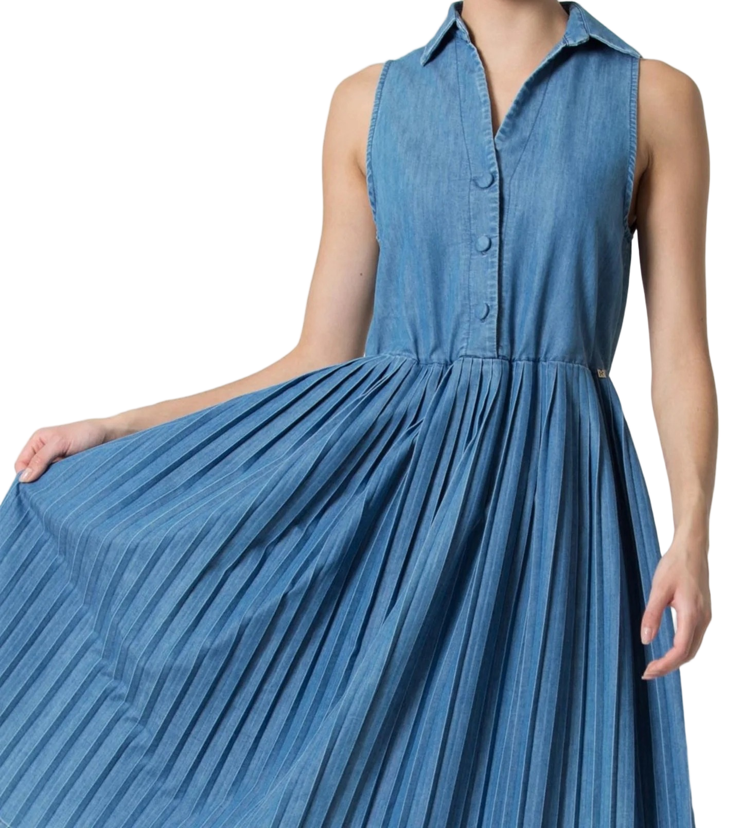 Blue Midi Dress with Pleated Skirt