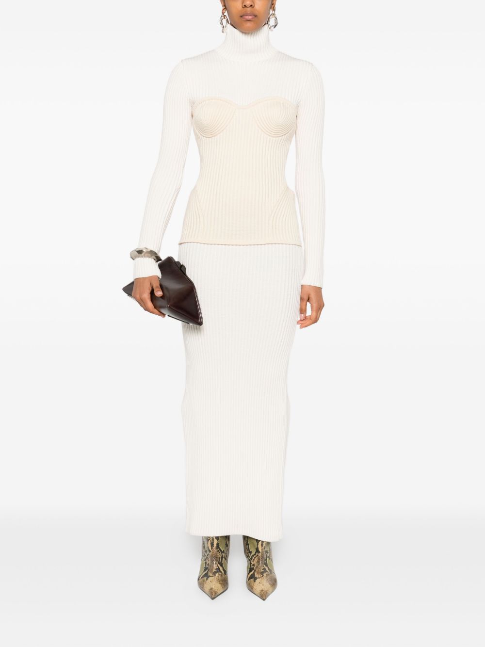 Ankle-Length Off-White Ribbed Knit Dress