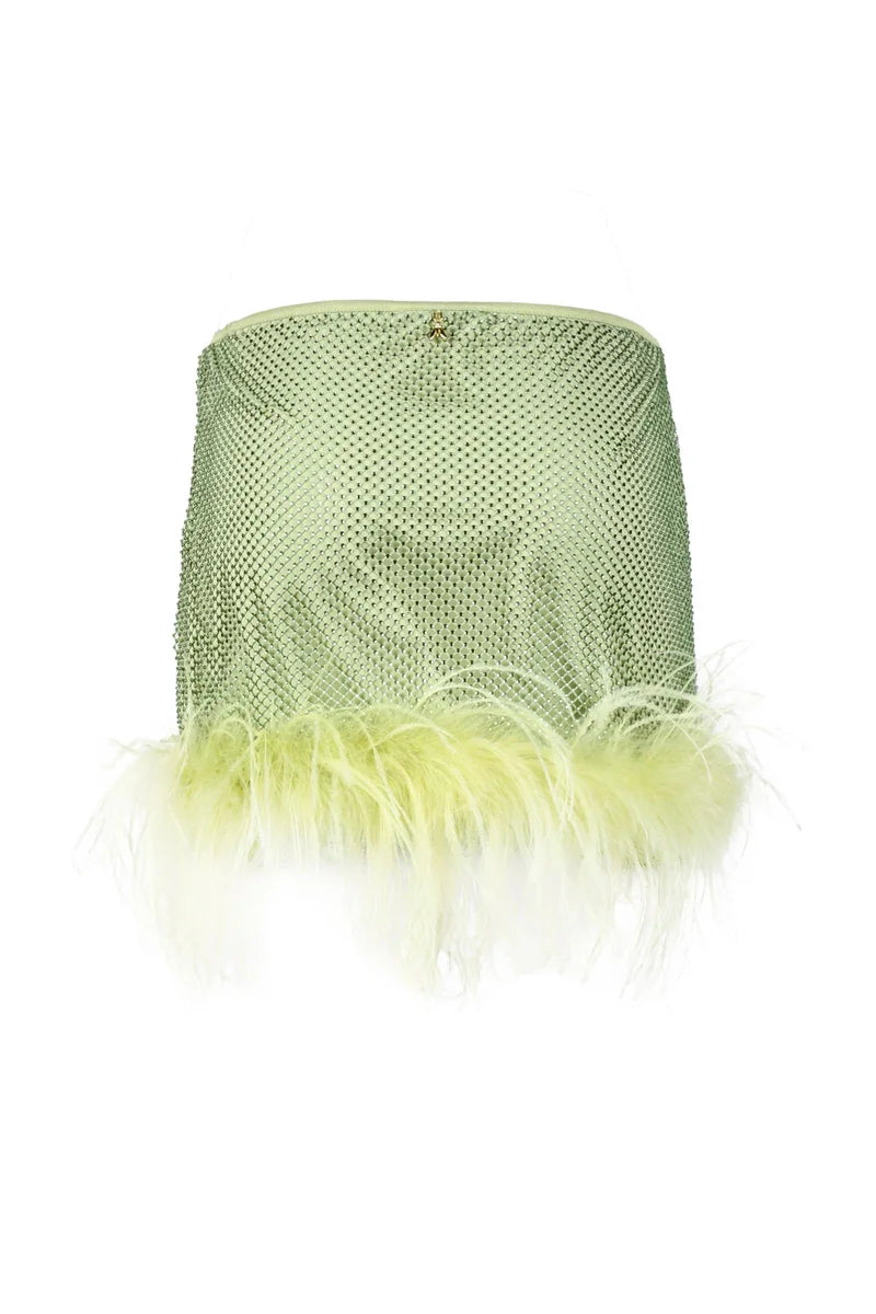 Textured Green Skirt with Feather Trim
