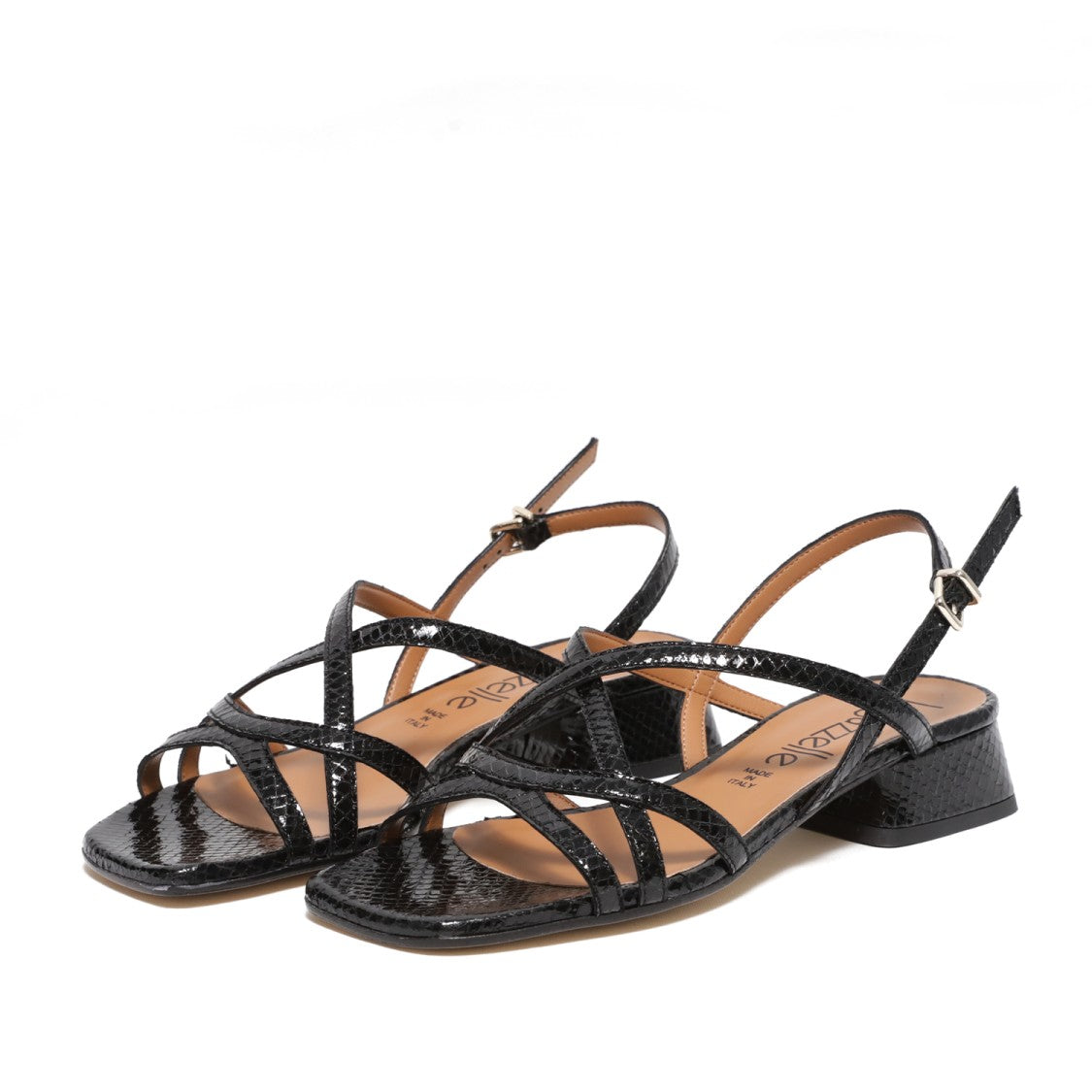 Black Reptile Print Leather Strappy Sandal