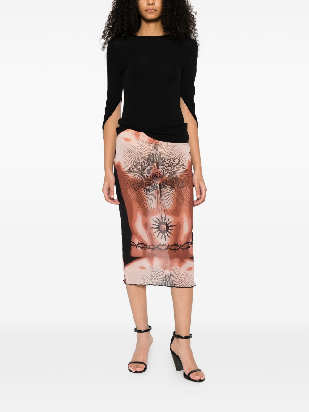Tattoo-Print Fitted Midi Skirt