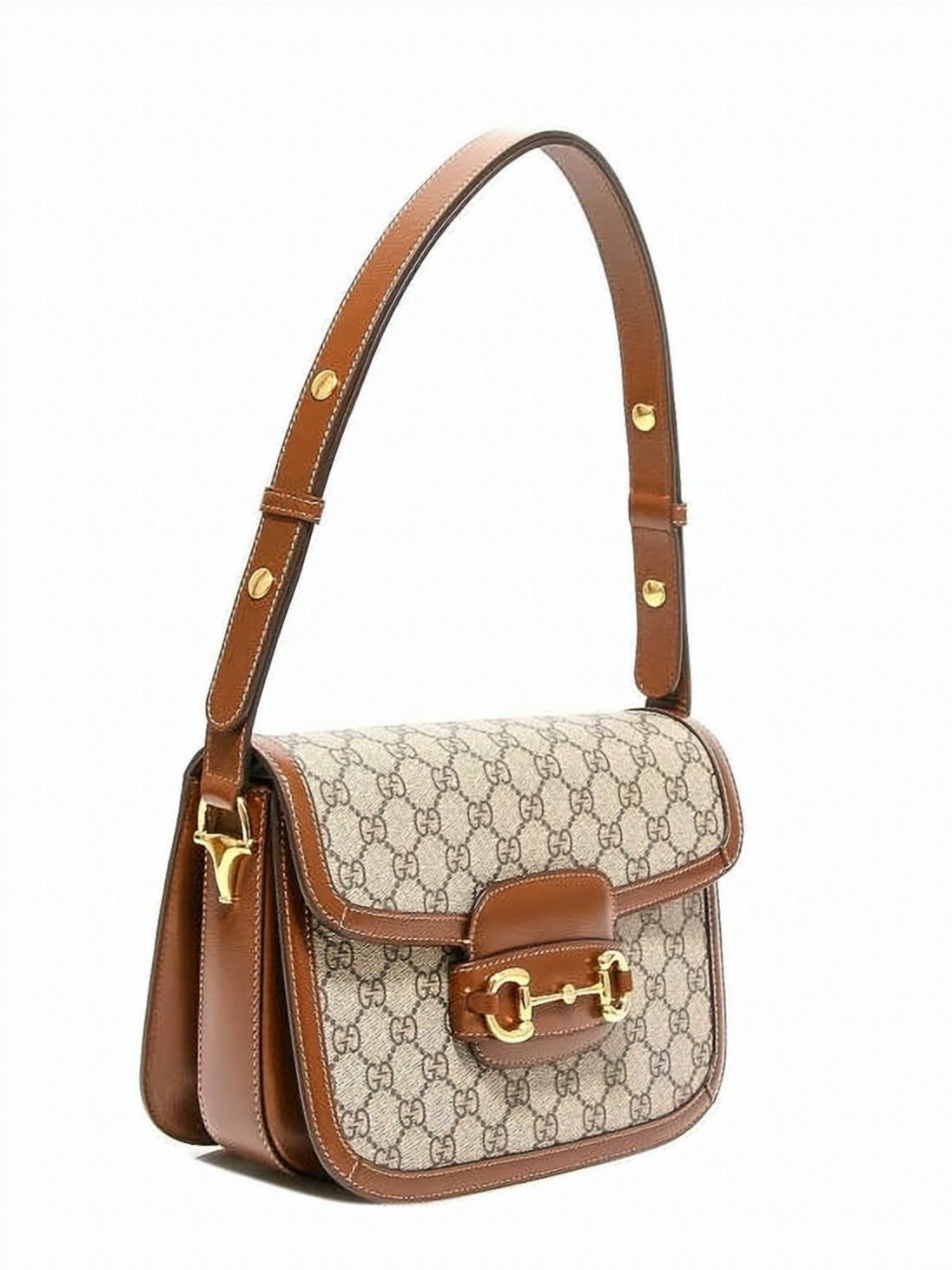 Structured Beige Canvas Horsebit Shoulder Bag with Leather Trimming