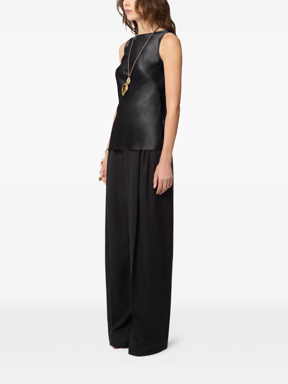 Draped Black Satin Top With Boat Neckline