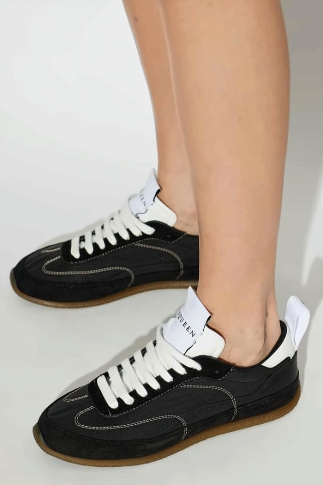 Black Nylon Calf Leather Low-Profile Sneakers