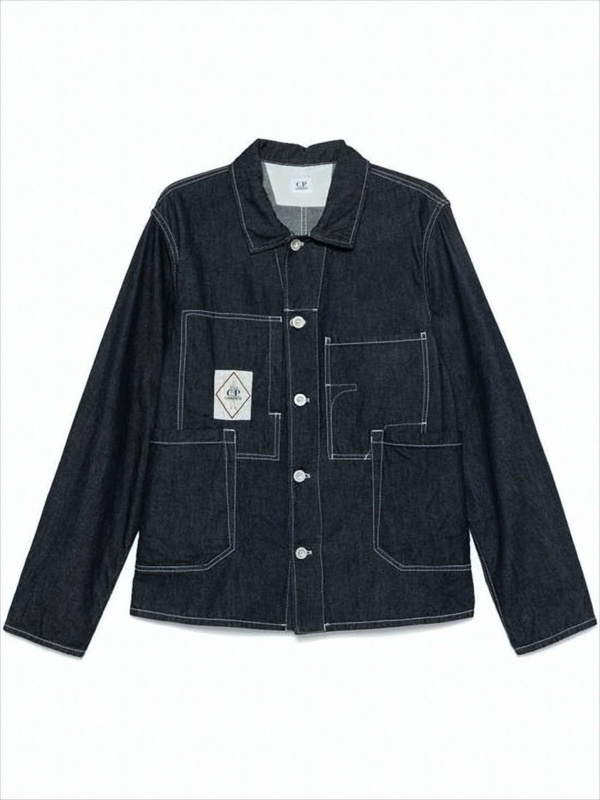 Denim Jacket with Structured Collar and Logo Patch