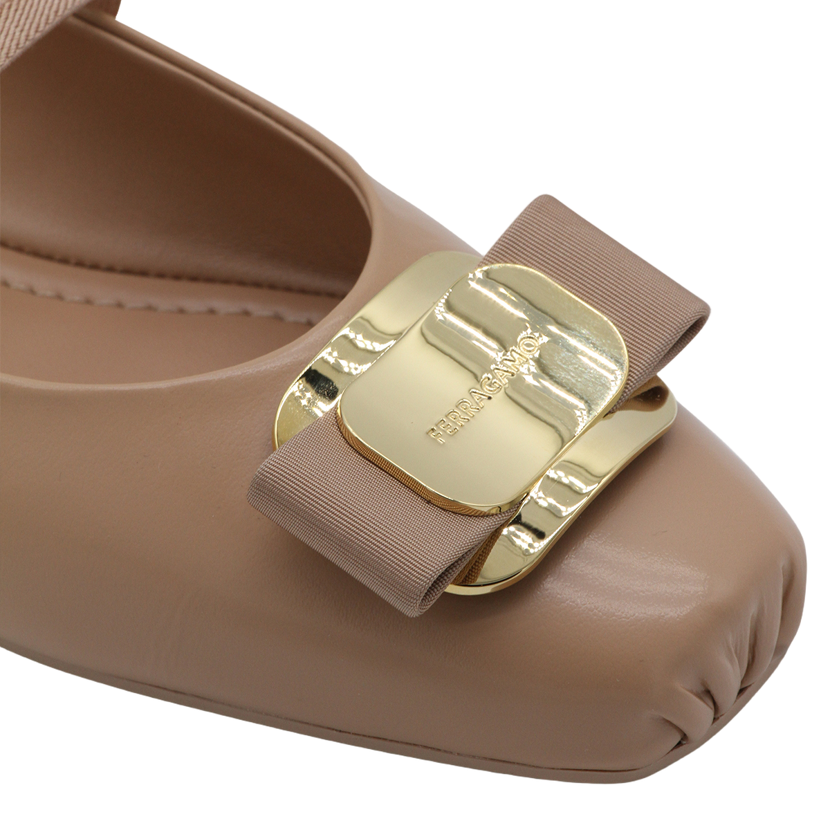 Beige Leather Flats with Decorative Buckle