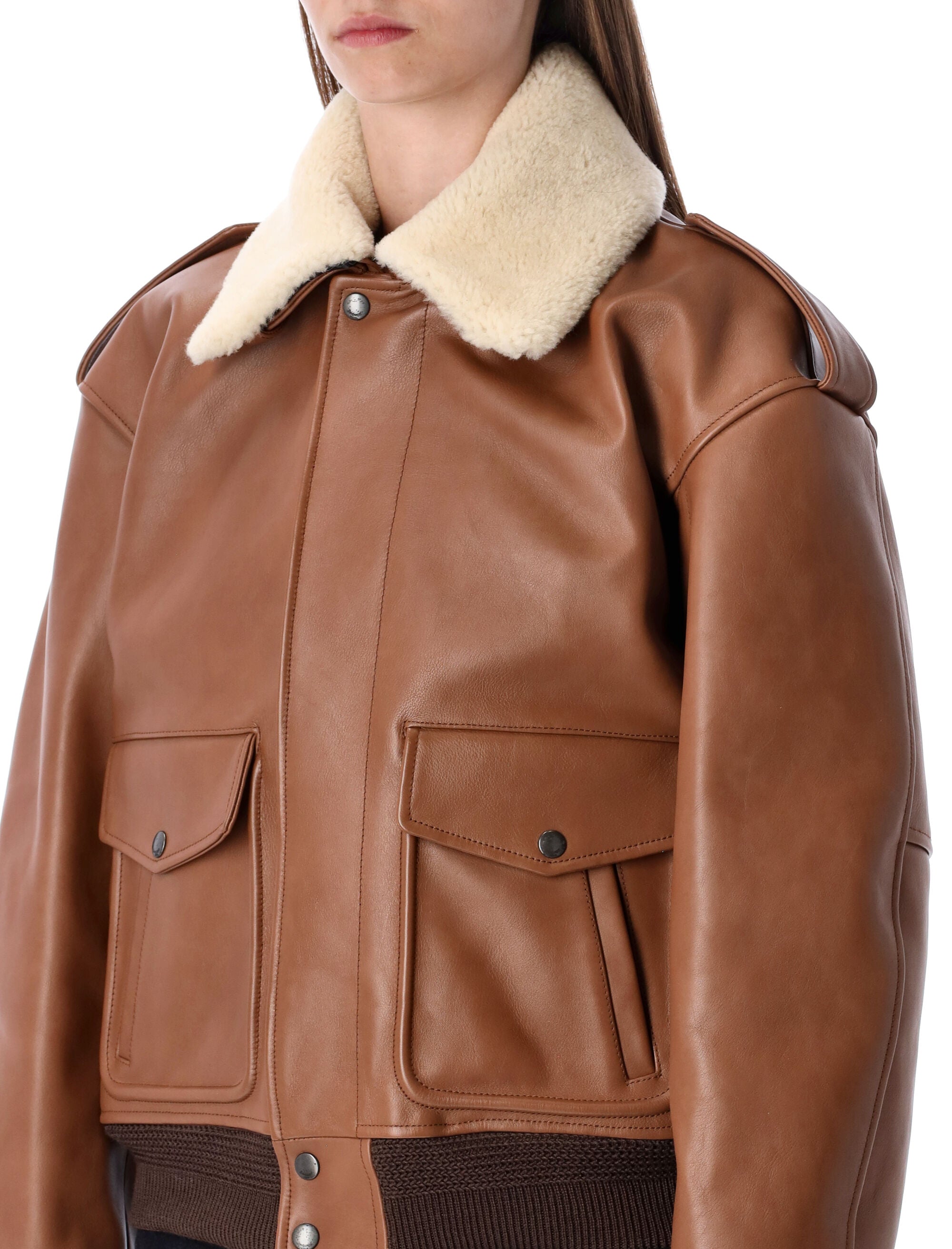 Brown Leather Bomber Jacket With Shearling Collar