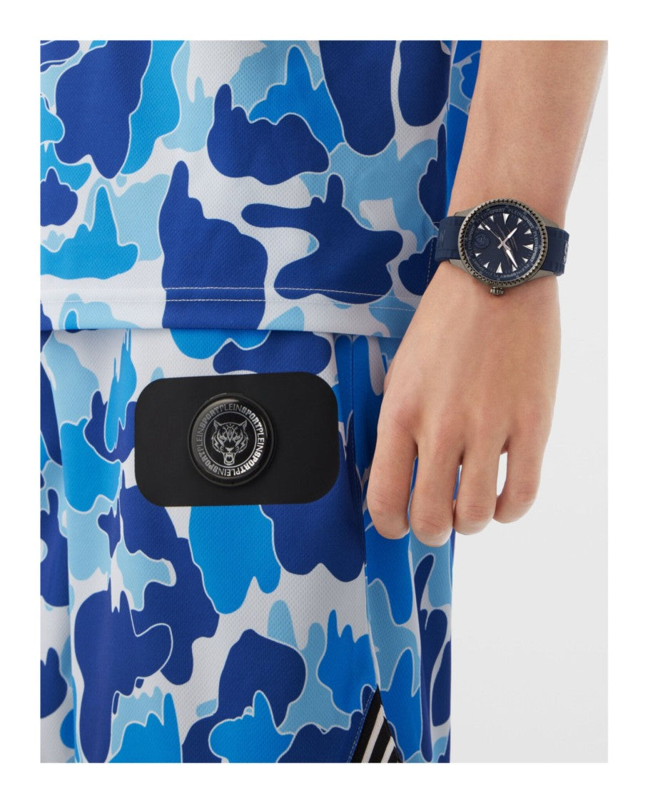 Blue Silicone Quartz Watch With Gunmetal Case