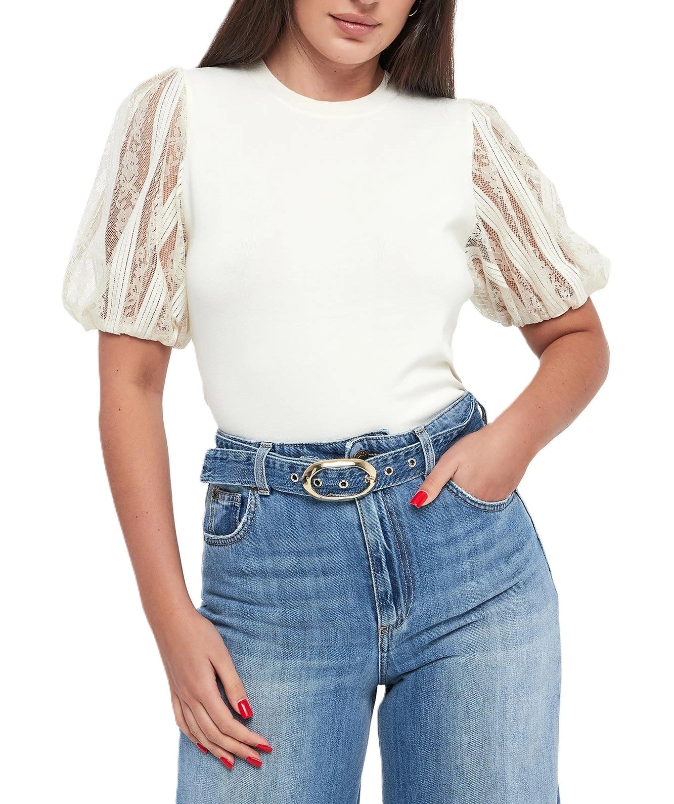 White Puff Sleeve Lace Detail Top